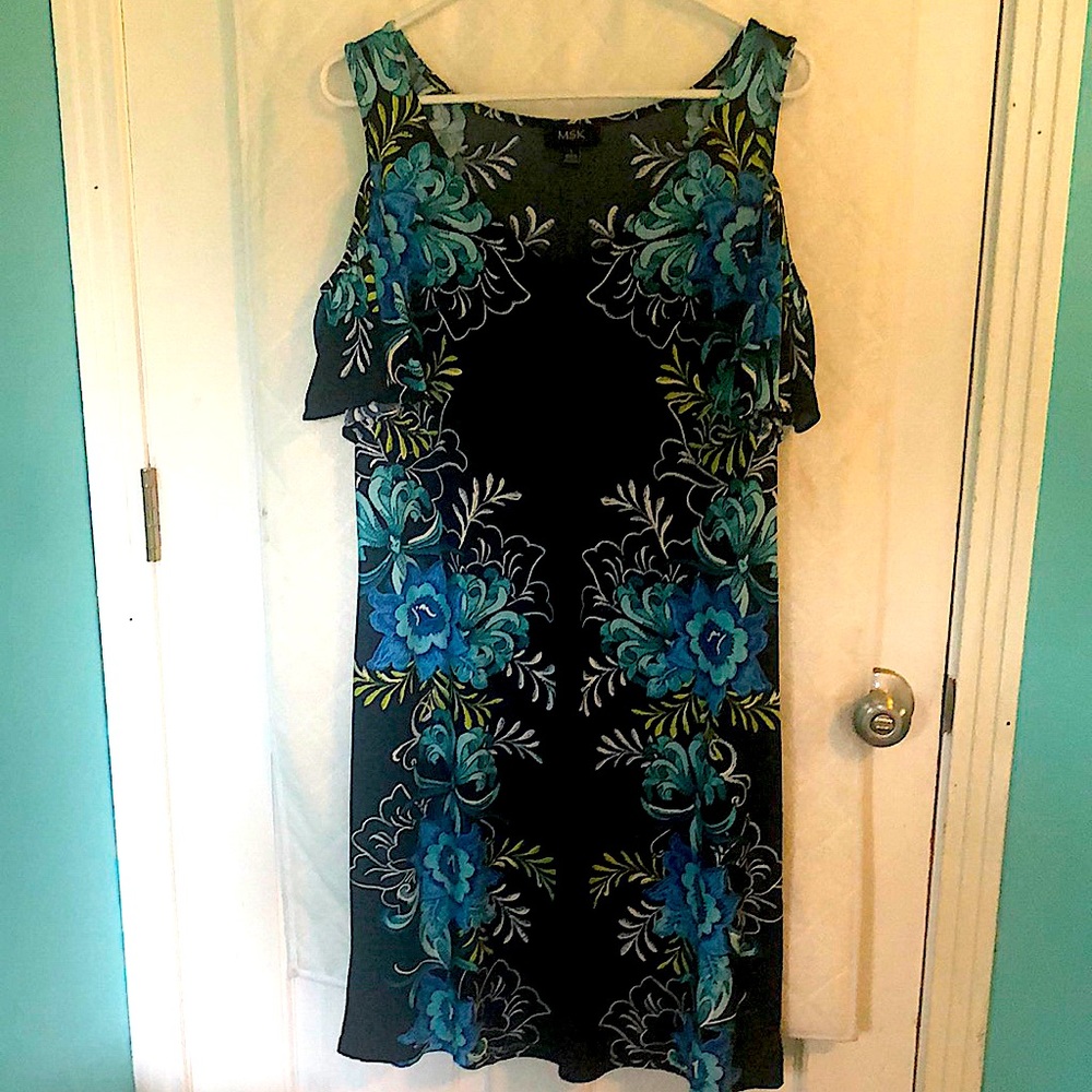 Cold-shoulder Dress, white details embossed. Blues&Greens on Black. V neck